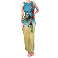 Hawaiian Mele Kalikimaka Family Matching Tank Maxi Dress and Hawaiian Shirt Tropical Xmas Turtles Red Poinsettia Watercolor LT03 Mom's Dress Multicolor - Polynesian Pride