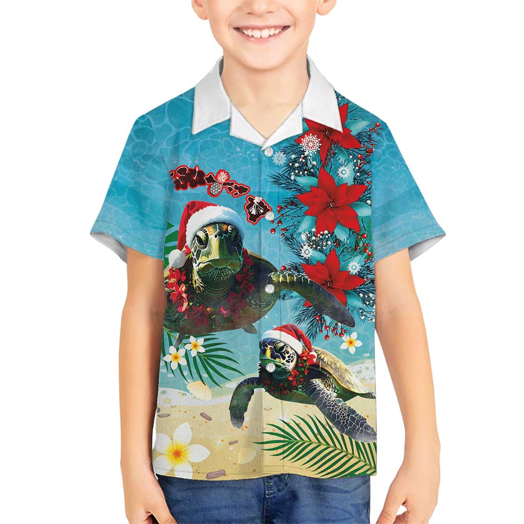 Hawaiian Mele Kalikimaka Family Matching Tank Maxi Dress and Hawaiian Shirt Tropical Xmas Turtles Red Poinsettia Watercolor LT03 Son's Shirt Multicolor - Polynesian Pride