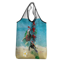 Hawaiian Mele Kalikimaka Grocery Bag Tropical Xmas Turtles Red Poinsettia Watercolor LT03 - Polynesian Pride
