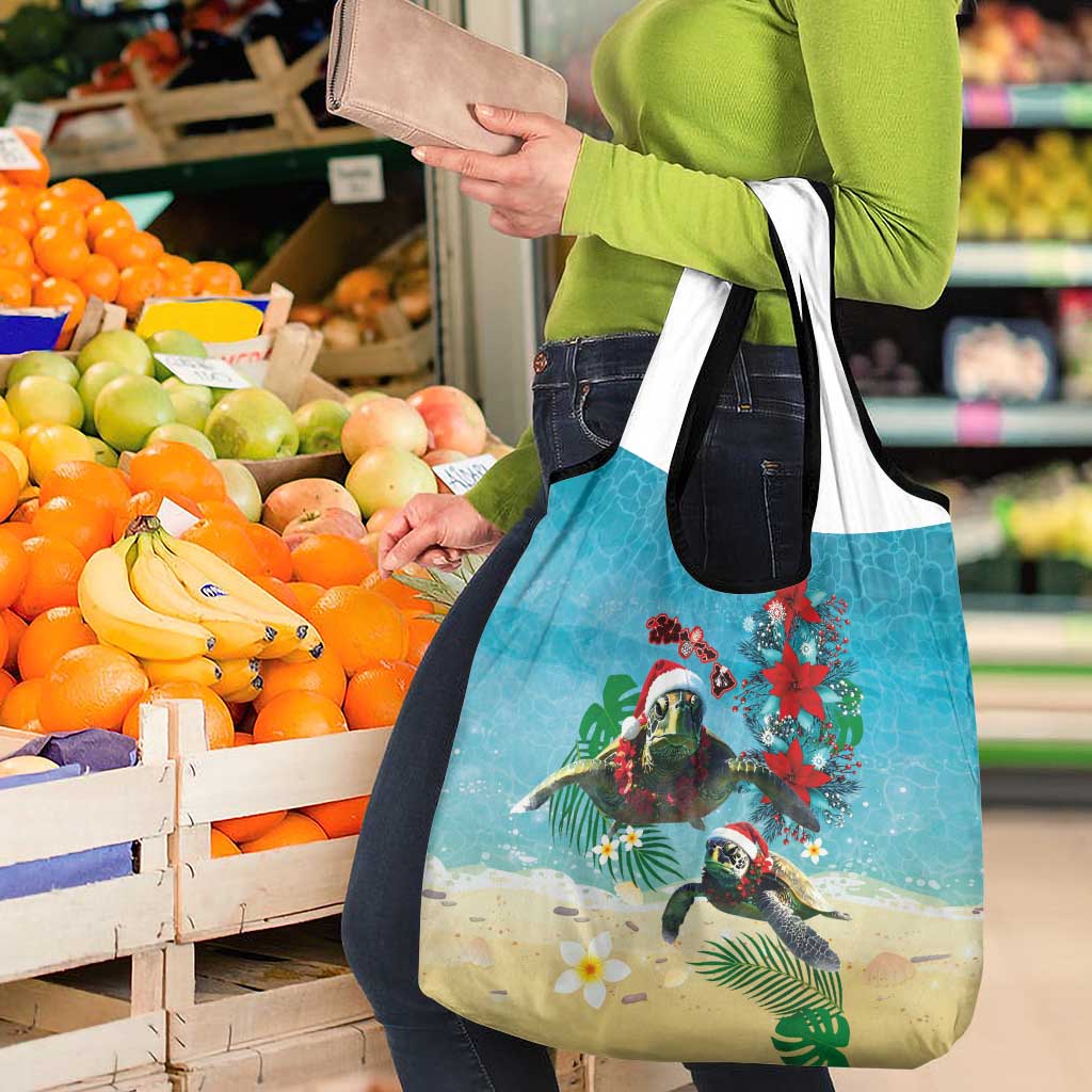 Hawaiian Mele Kalikimaka Grocery Bag Tropical Xmas Turtles Red Poinsettia Watercolor LT03 - Polynesian Pride