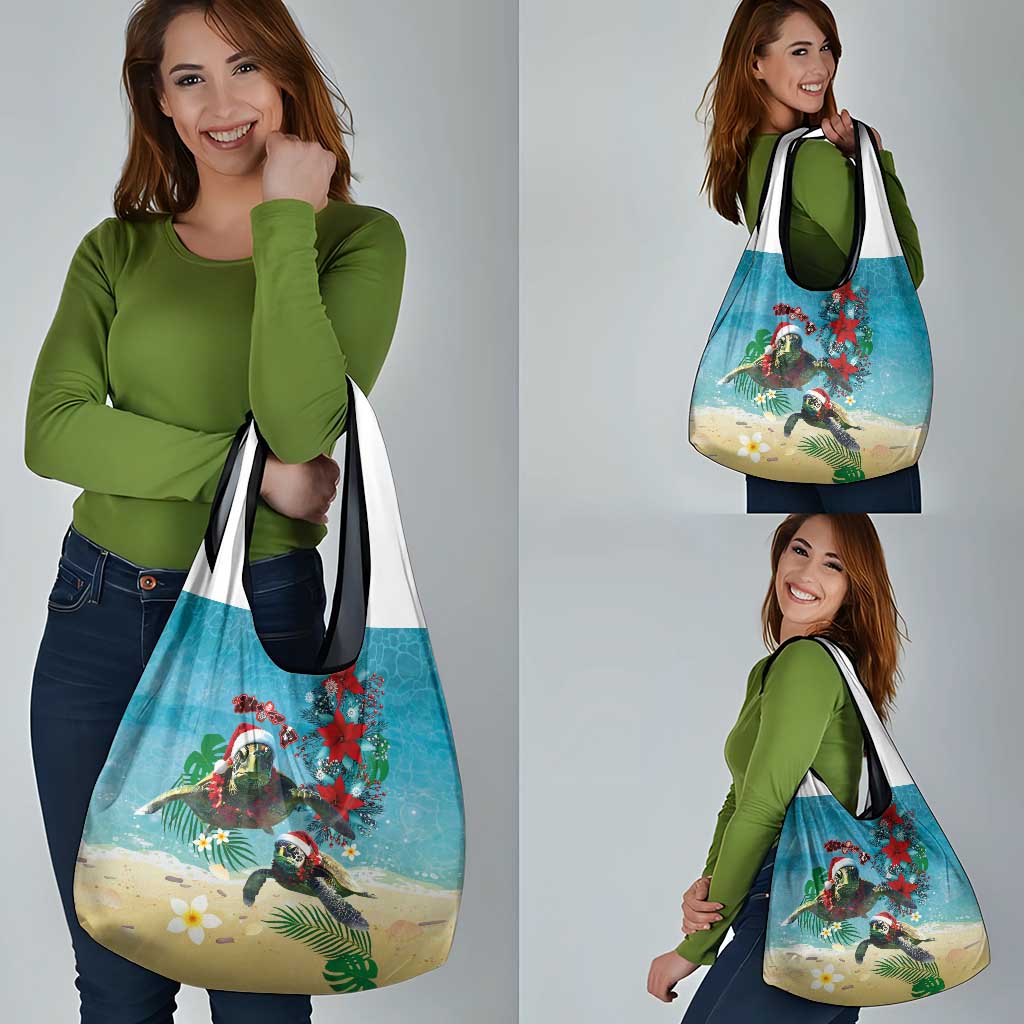 Hawaiian Mele Kalikimaka Grocery Bag Tropical Xmas Turtles Red Poinsettia Watercolor LT03 - Polynesian Pride
