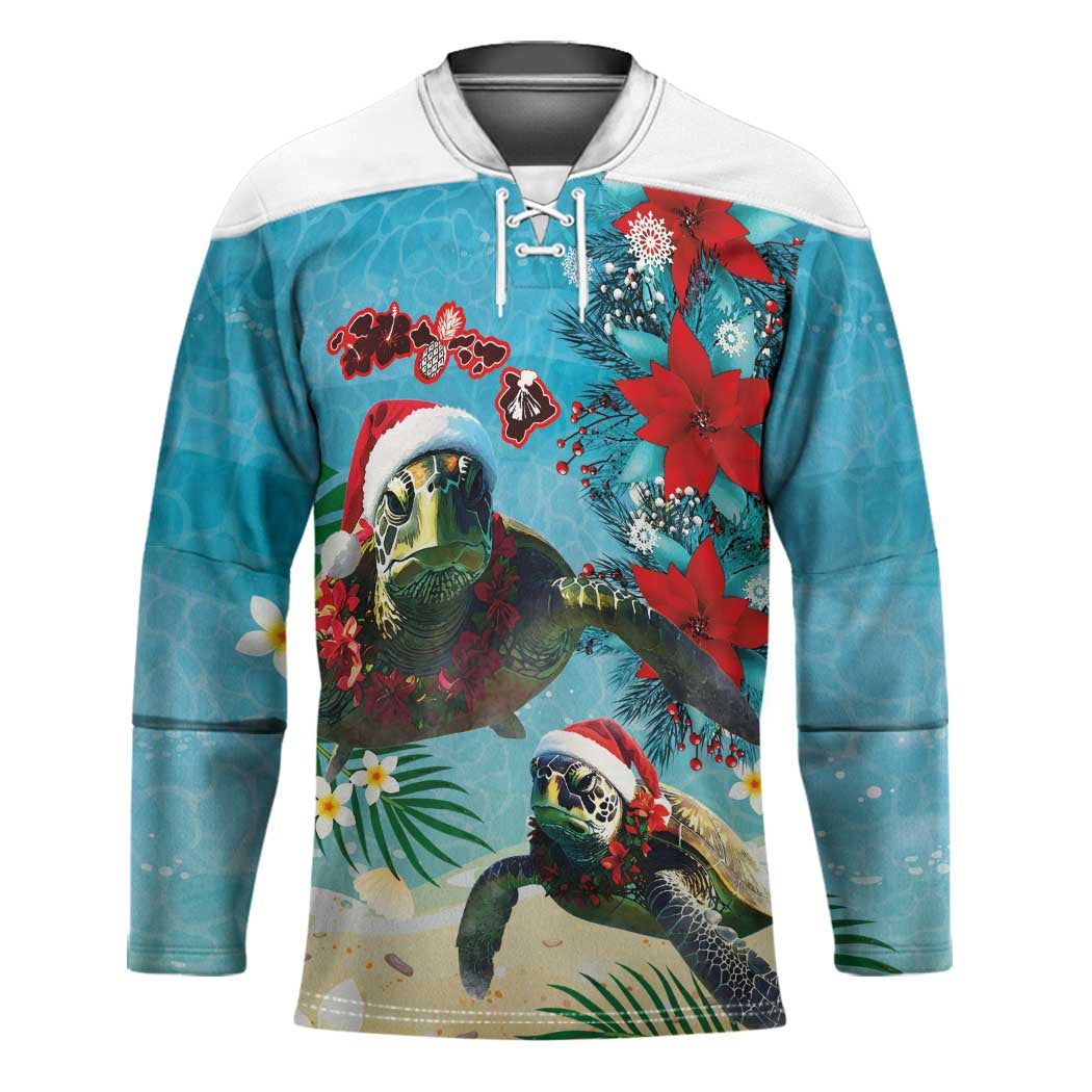 Hawaiian Mele Kalikimaka Hockey Jersey Tropical Xmas Turtles Red Poinsettia Watercolor LT03 Unisex Multicolor - Polynesian Pride
