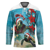 Hawaiian Mele Kalikimaka Hockey Jersey Tropical Xmas Turtles Red Poinsettia Watercolor LT03 Unisex Multicolor - Polynesian Pride