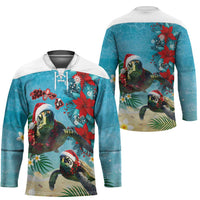 Hawaiian Mele Kalikimaka Hockey Jersey Tropical Xmas Turtles Red Poinsettia Watercolor LT03 - Polynesian Pride