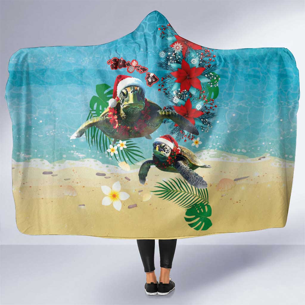 Hawaiian Mele Kalikimaka Hooded Blanket Tropical Xmas Turtles Red Poinsettia Watercolor LT03 One Size Multicolor - Polynesian Pride