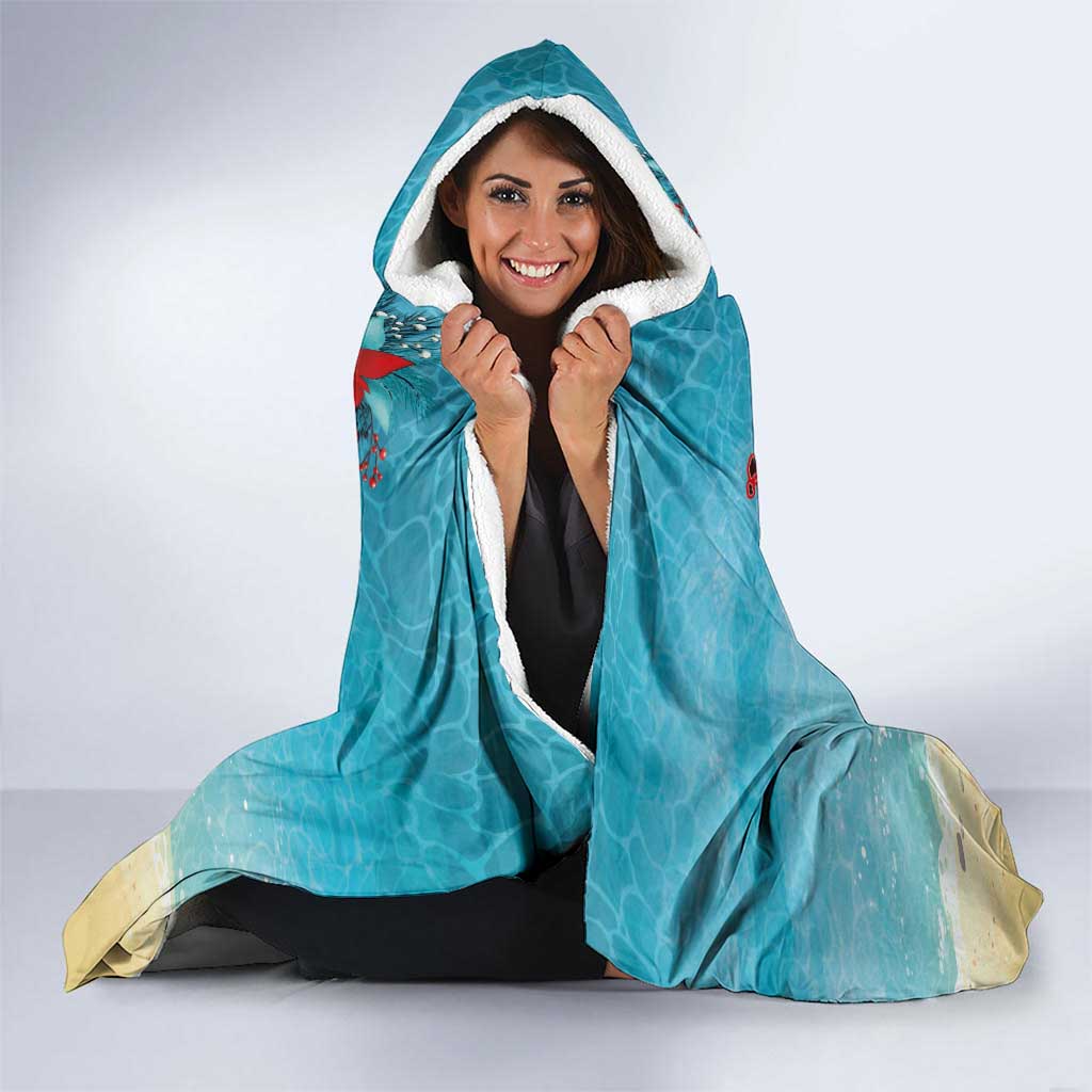Hawaiian Mele Kalikimaka Hooded Blanket Tropical Xmas Turtles Red Poinsettia Watercolor LT03 - Polynesian Pride