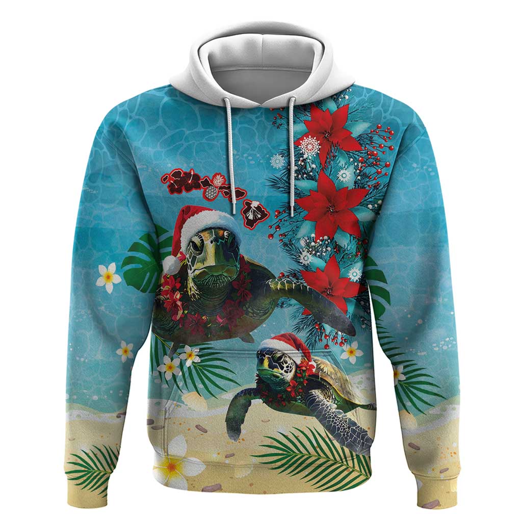 Hawaiian Mele Kalikimaka Hoodie Tropical Xmas Turtles Red Poinsettia Watercolor LT03 Pullover Hoodie Multicolor - Polynesian Pride