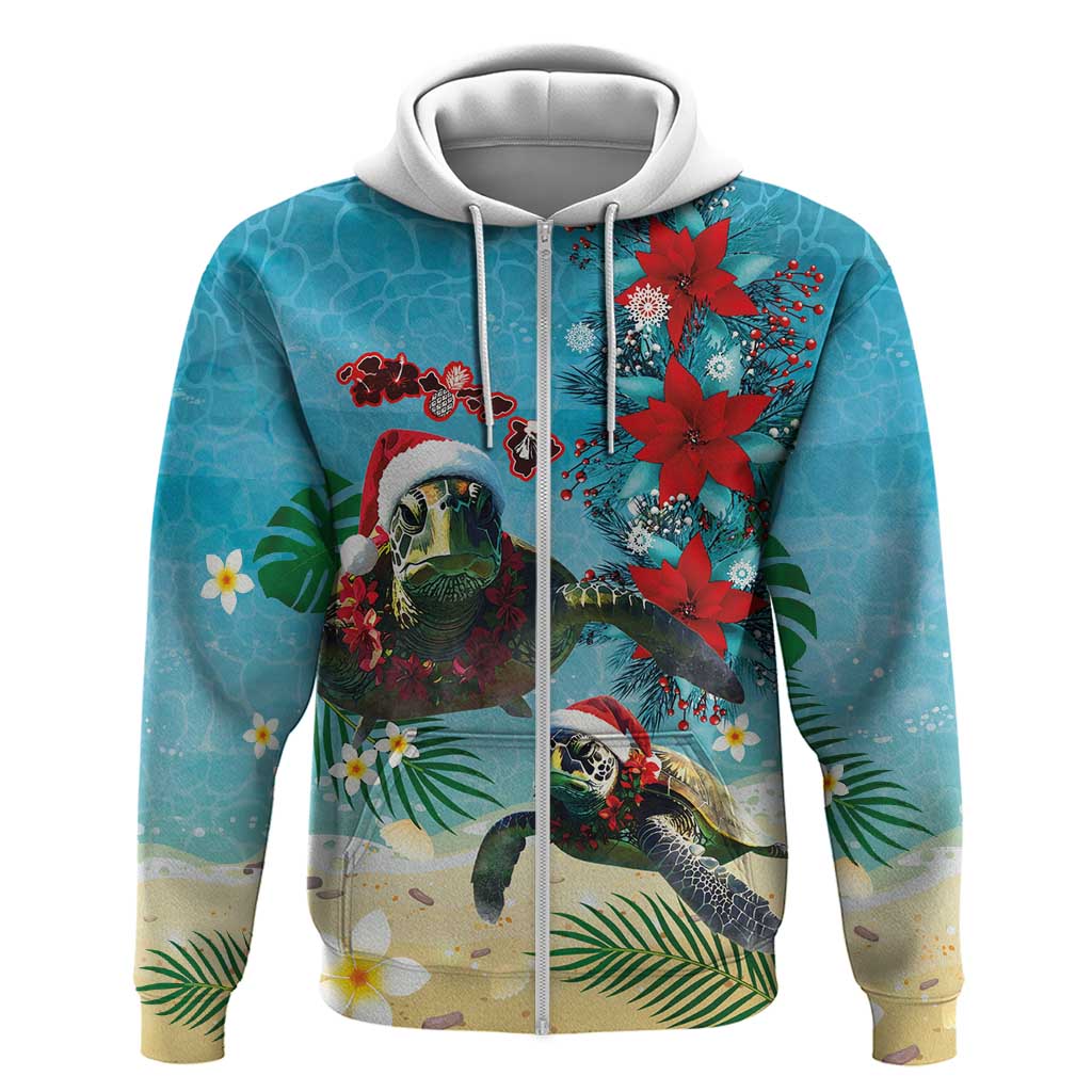 Hawaiian Mele Kalikimaka Hoodie Tropical Xmas Turtles Red Poinsettia Watercolor LT03 Zip Hoodie Multicolor - Polynesian Pride
