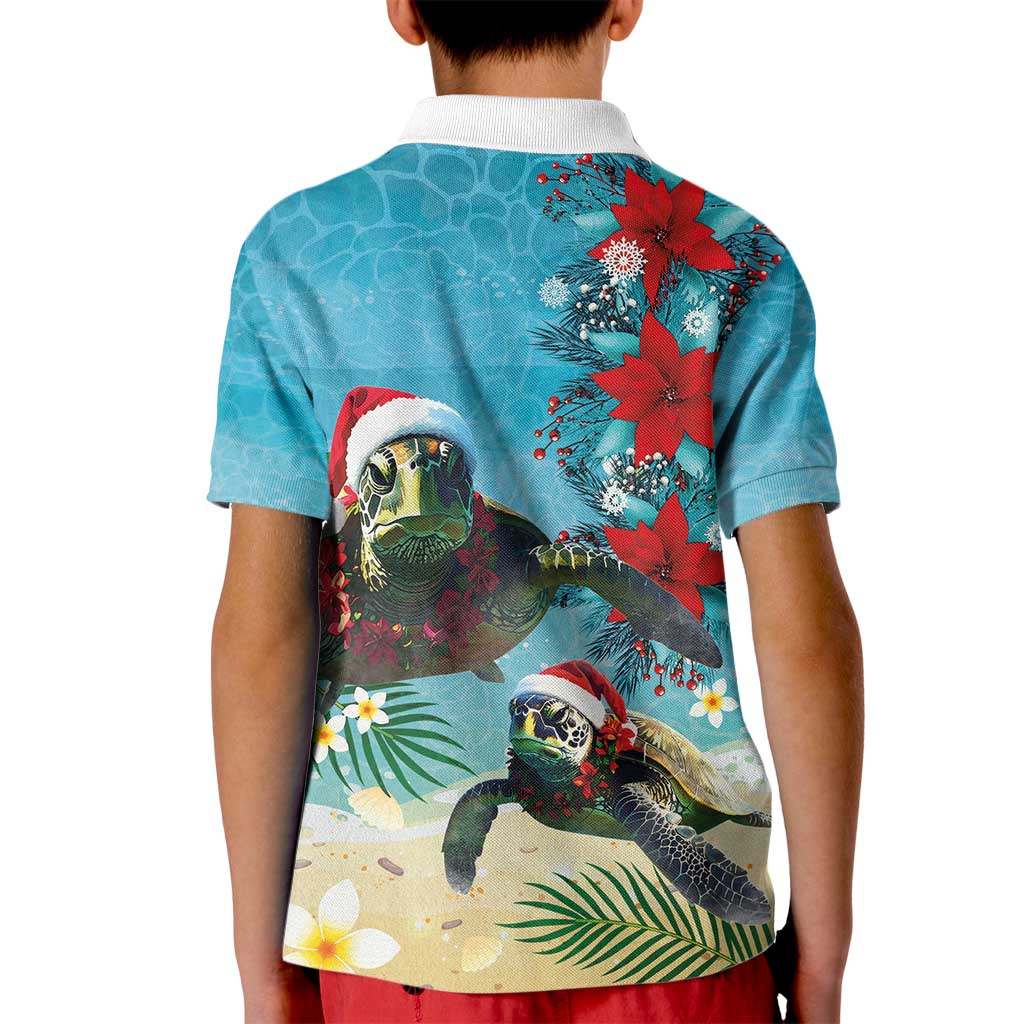 Hawaiian Mele Kalikimaka Kid Polo Shirt Tropical Xmas Turtles Red Poinsettia Watercolor LT03 - Polynesian Pride