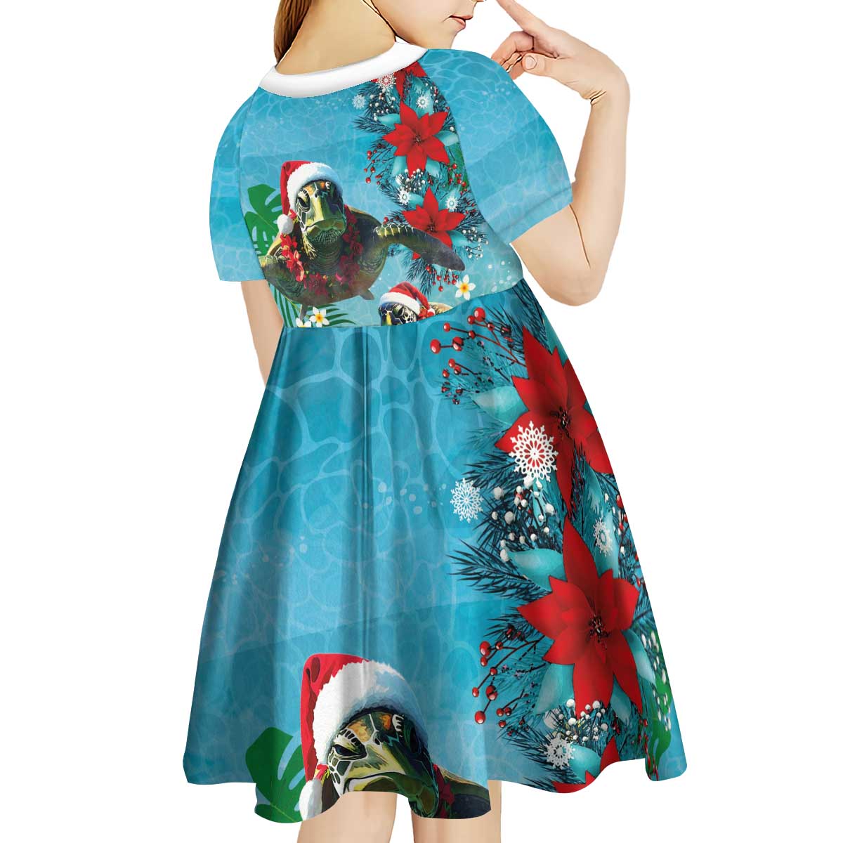 Hawaiian Mele Kalikimaka Kid Short Sleeve Dress Tropical Xmas Turtles Red Poinsettia Watercolor LT03 - Polynesian Pride