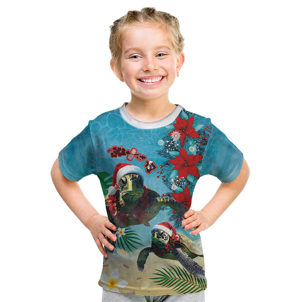 Hawaiian Mele Kalikimaka Kid T Shirt Tropical Xmas Turtles Red Poinsettia Watercolor LT03 Multicolor - Polynesian Pride