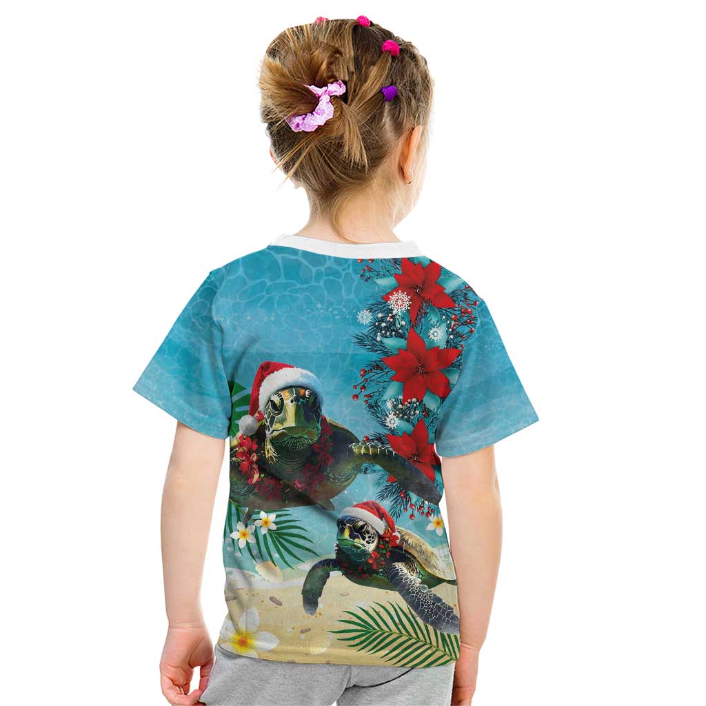 Hawaiian Mele Kalikimaka Kid T Shirt Tropical Xmas Turtles Red Poinsettia Watercolor LT03 - Polynesian Pride