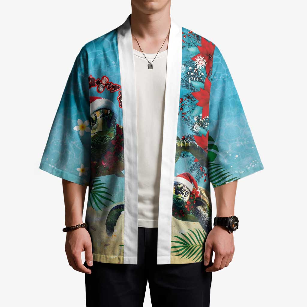 Hawaiian Mele Kalikimaka Kimono Tropical Xmas Turtles Red Poinsettia Watercolor LT03 - Polynesian Pride
