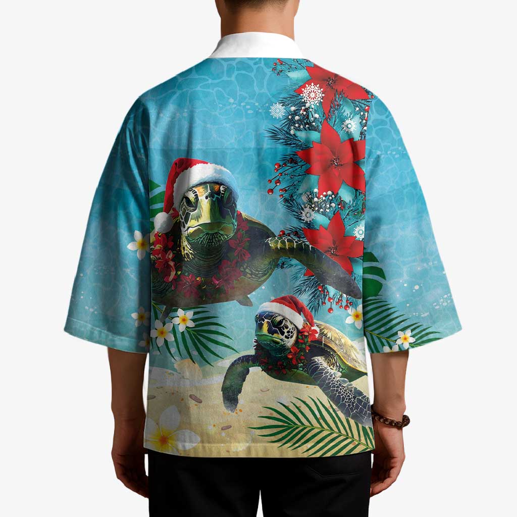 Hawaiian Mele Kalikimaka Kimono Tropical Xmas Turtles Red Poinsettia Watercolor LT03 - Polynesian Pride