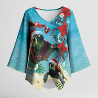 Hawaiian Mele Kalikimaka Kimono Sleeve Blouse Tropical Xmas Turtles Red Poinsettia Watercolor LT03 Female Multicolor - Polynesian Pride