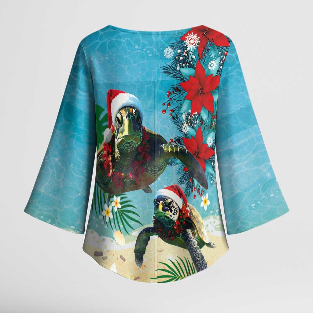 Hawaiian Mele Kalikimaka Kimono Sleeve Blouse Tropical Xmas Turtles Red Poinsettia Watercolor LT03 - Polynesian Pride