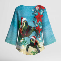 Hawaiian Mele Kalikimaka Kimono Sleeve Blouse Tropical Xmas Turtles Red Poinsettia Watercolor LT03 - Polynesian Pride