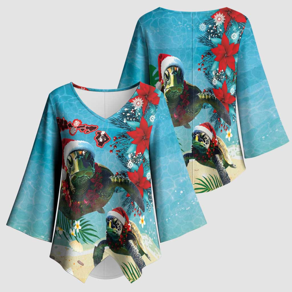 Hawaiian Mele Kalikimaka Kimono Sleeve Blouse Tropical Xmas Turtles Red Poinsettia Watercolor LT03 - Polynesian Pride