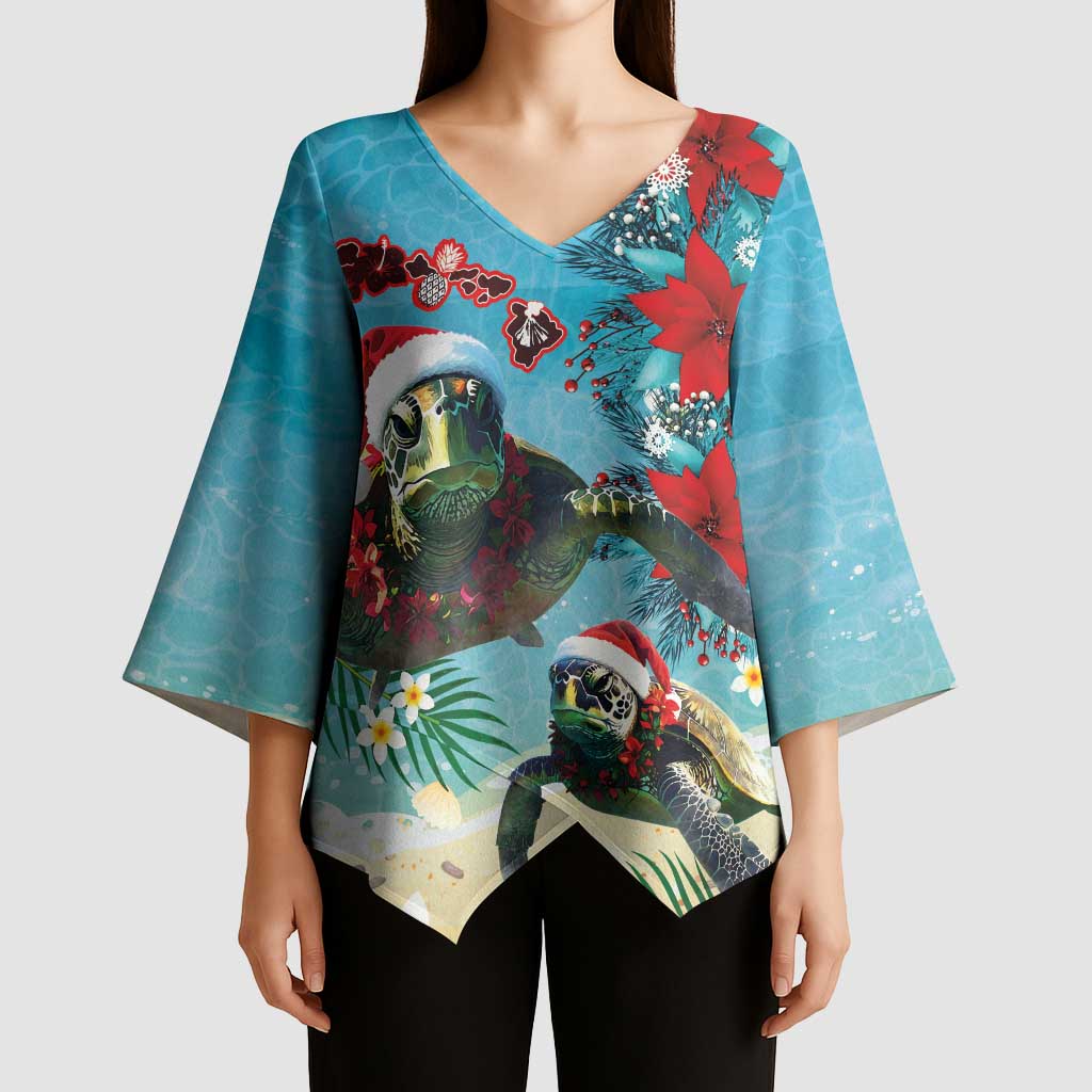 Hawaiian Mele Kalikimaka Kimono Sleeve Blouse Tropical Xmas Turtles Red Poinsettia Watercolor LT03 - Polynesian Pride