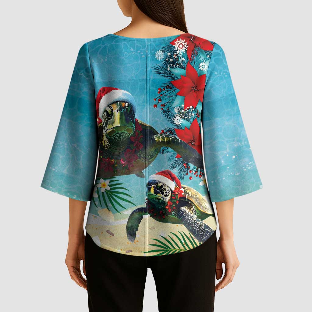 Hawaiian Mele Kalikimaka Kimono Sleeve Blouse Tropical Xmas Turtles Red Poinsettia Watercolor LT03 - Polynesian Pride