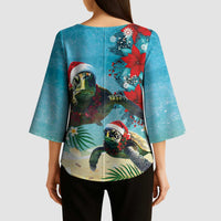 Hawaiian Mele Kalikimaka Kimono Sleeve Blouse Tropical Xmas Turtles Red Poinsettia Watercolor LT03 - Polynesian Pride