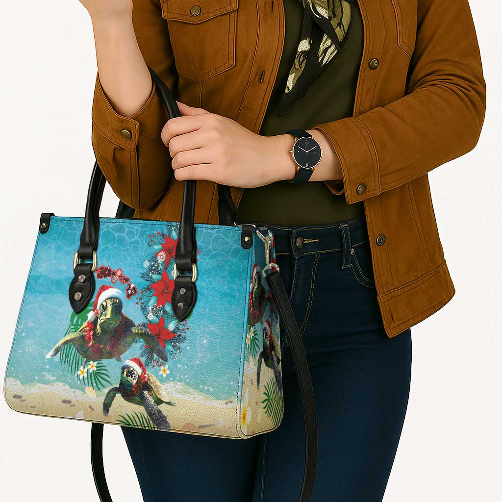 Hawaiian Mele Kalikimaka Leather Bag Tropical Xmas Turtles Red Poinsettia Watercolor LT03 - Polynesian Pride
