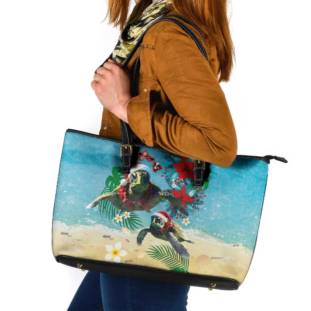 Hawaiian Mele Kalikimaka Leather Tote Bag Tropical Xmas Turtles Red Poinsettia Watercolor LT03 Multicolor - Polynesian Pride