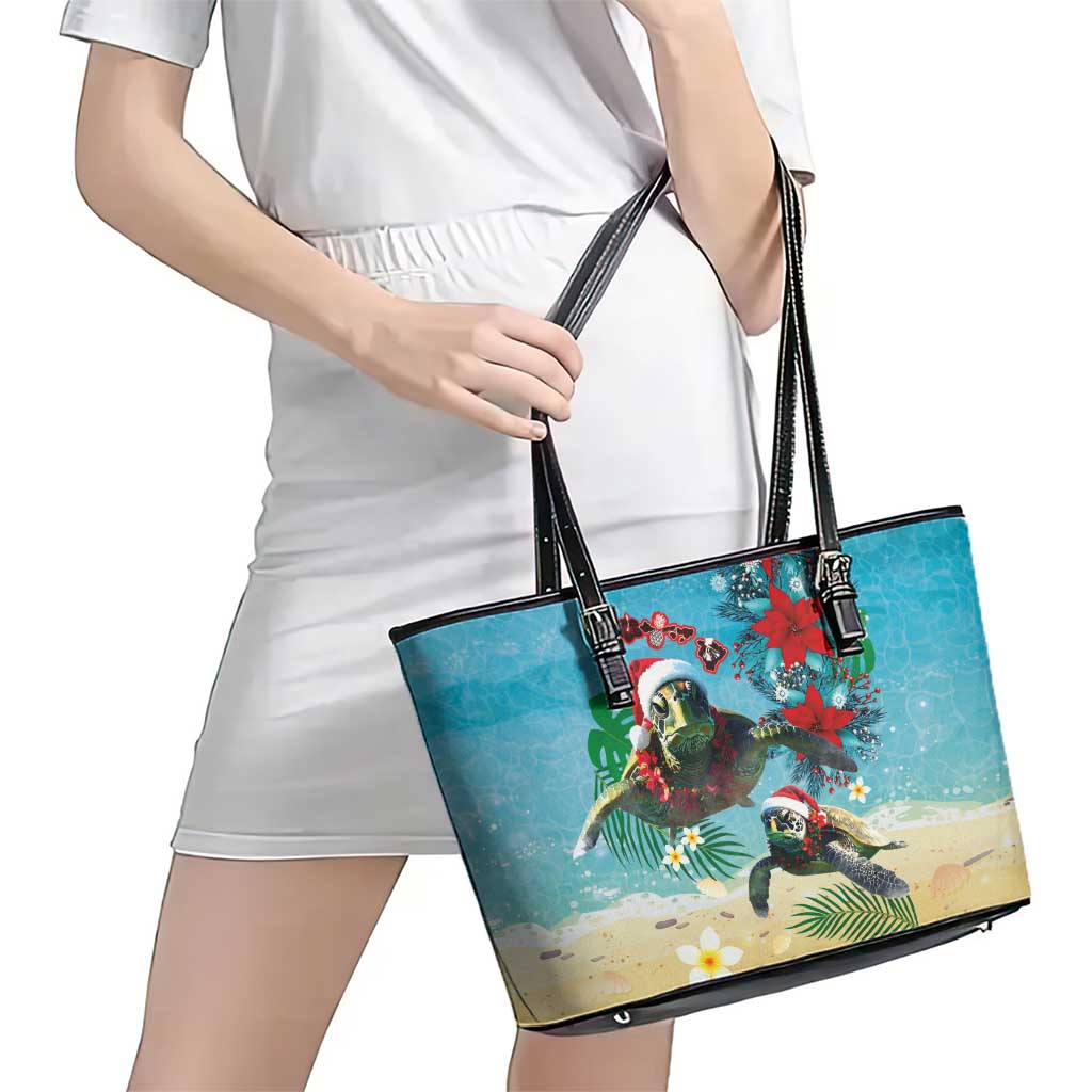 Hawaiian Mele Kalikimaka Leather Tote Bag Tropical Xmas Turtles Red Poinsettia Watercolor LT03 - Polynesian Pride