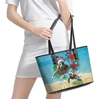 Hawaiian Mele Kalikimaka Leather Tote Bag Tropical Xmas Turtles Red Poinsettia Watercolor LT03 - Polynesian Pride