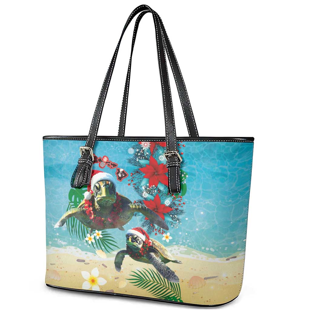 Hawaiian Mele Kalikimaka Leather Tote Bag Tropical Xmas Turtles Red Poinsettia Watercolor LT03 - Polynesian Pride