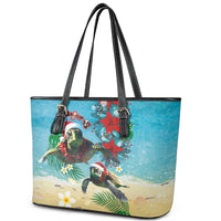 Hawaiian Mele Kalikimaka Leather Tote Bag Tropical Xmas Turtles Red Poinsettia Watercolor LT03 - Polynesian Pride