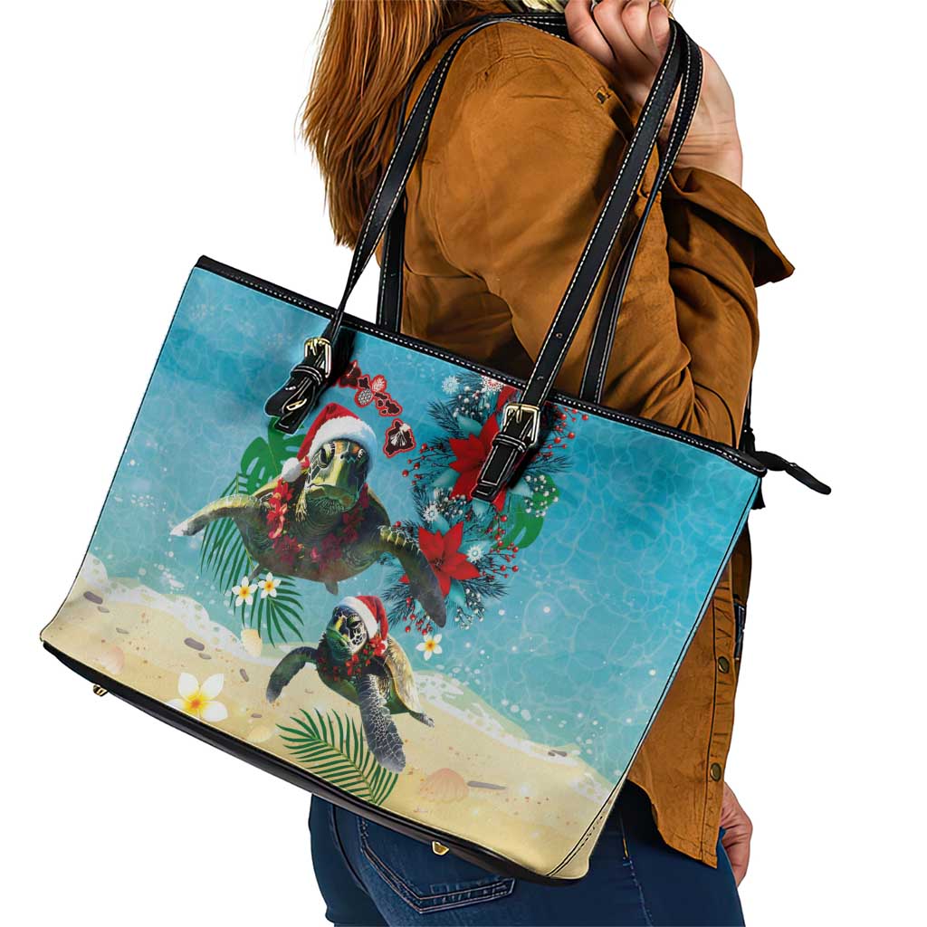 Hawaiian Mele Kalikimaka Leather Tote Bag Tropical Xmas Turtles Red Poinsettia Watercolor LT03 - Polynesian Pride