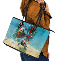 Hawaiian Mele Kalikimaka Leather Tote Bag Tropical Xmas Turtles Red Poinsettia Watercolor LT03 - Polynesian Pride