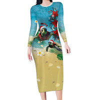 Hawaiian Mele Kalikimaka Long Sleeve Bodycon Dress Tropical Xmas Turtles Red Poinsettia Watercolor LT03 Long Dress Multicolor - Polynesian Pride