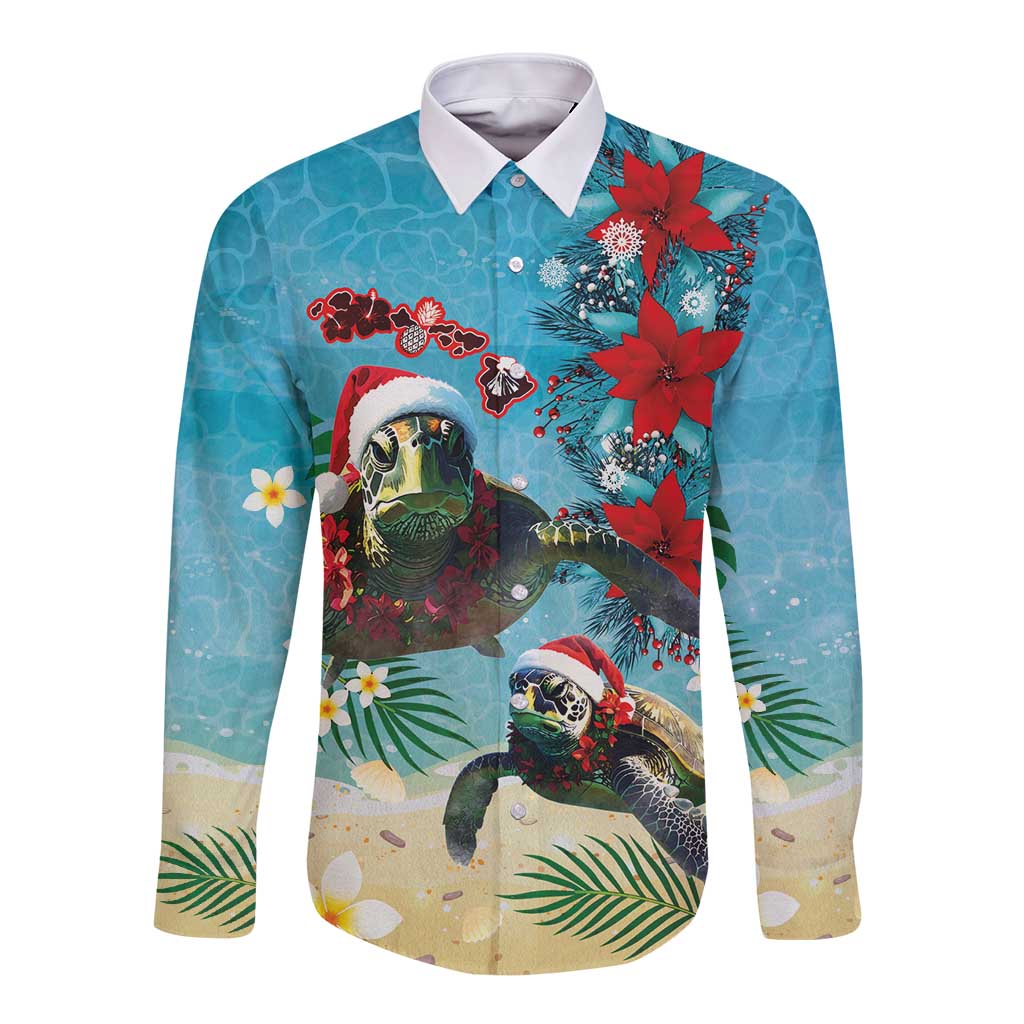 Hawaiian Mele Kalikimaka Long Sleeve Button Shirt Tropical Xmas Turtles Red Poinsettia Watercolor LT03 Unisex Multicolor - Polynesian Pride