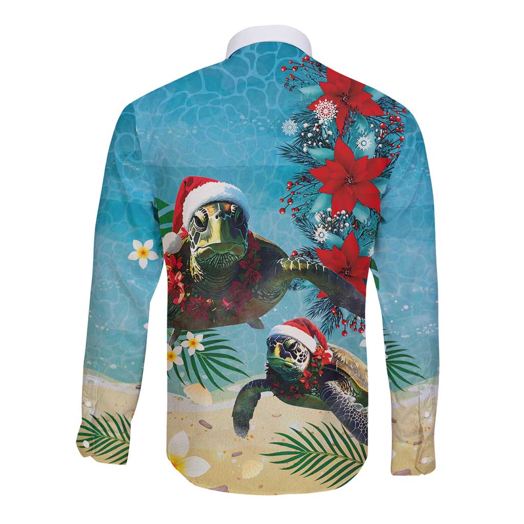 Hawaiian Mele Kalikimaka Long Sleeve Button Shirt Tropical Xmas Turtles Red Poinsettia Watercolor LT03 - Polynesian Pride