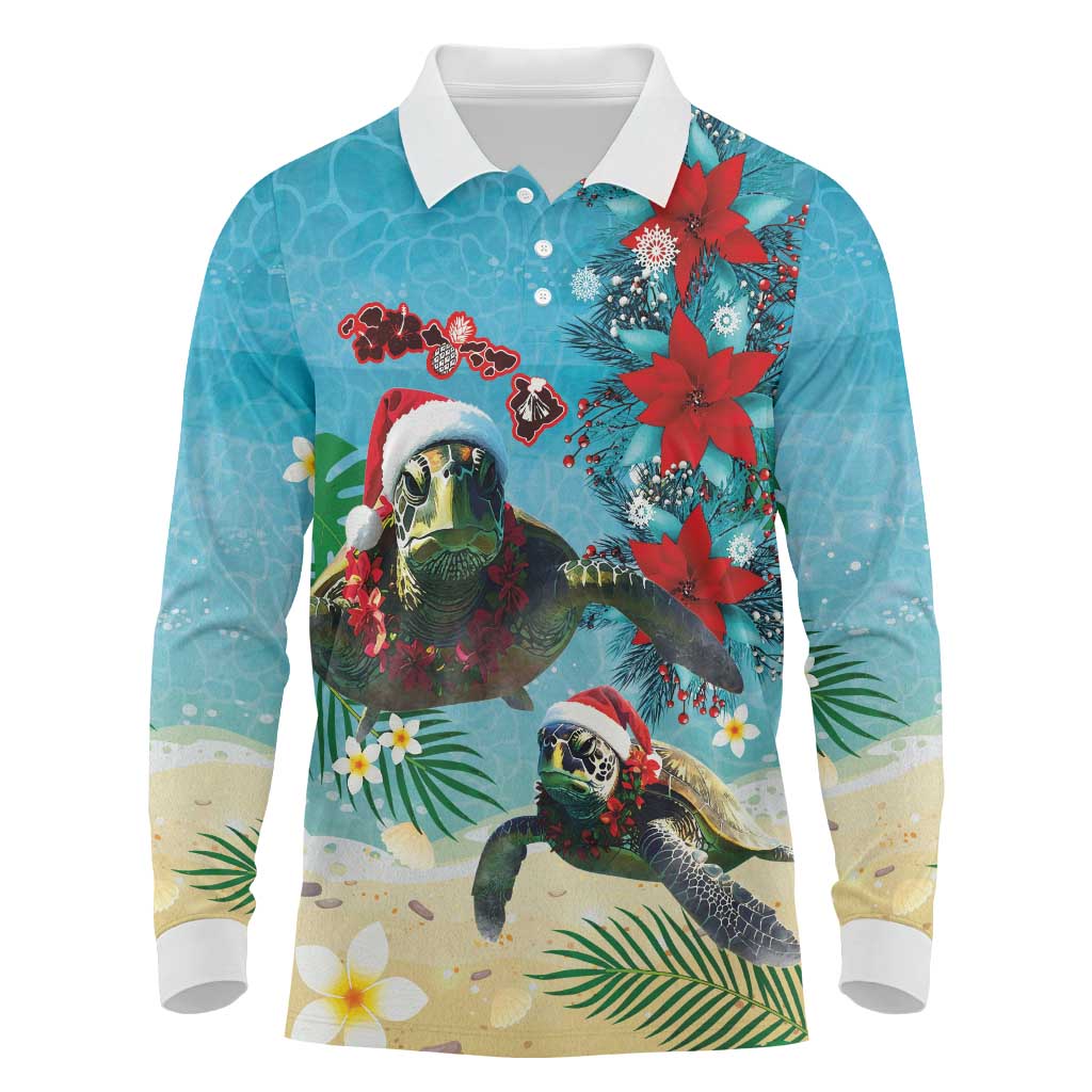 Hawaiian Mele Kalikimaka Long Sleeve Polo Shirt Tropical Xmas Turtles Red Poinsettia Watercolor LT03 Multicolor - Polynesian Pride