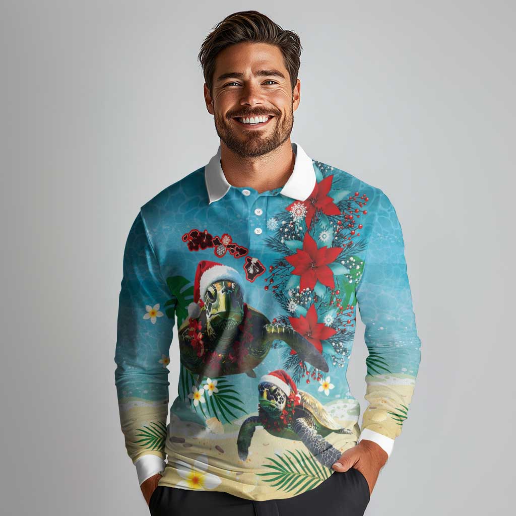 Hawaiian Mele Kalikimaka Long Sleeve Polo Shirt Tropical Xmas Turtles Red Poinsettia Watercolor LT03 - Polynesian Pride
