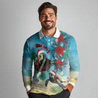 Hawaiian Mele Kalikimaka Long Sleeve Polo Shirt Tropical Xmas Turtles Red Poinsettia Watercolor LT03 - Polynesian Pride