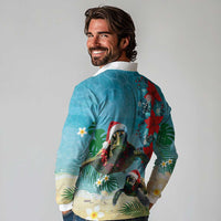 Hawaiian Mele Kalikimaka Long Sleeve Polo Shirt Tropical Xmas Turtles Red Poinsettia Watercolor LT03 - Polynesian Pride