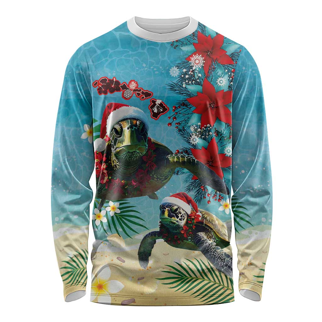 Hawaiian Mele Kalikimaka Long Sleeve Shirt Tropical Xmas Turtles Red Poinsettia Watercolor LT03 Unisex Multicolor - Polynesian Pride