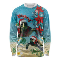 Hawaiian Mele Kalikimaka Long Sleeve Shirt Tropical Xmas Turtles Red Poinsettia Watercolor LT03 Unisex Multicolor - Polynesian Pride