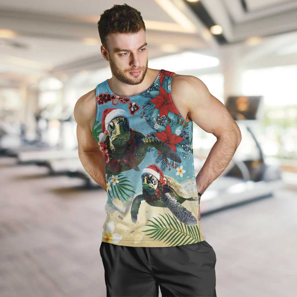 Hawaiian Mele Kalikimaka Men Tank Top Tropical Xmas Turtles Red Poinsettia Watercolor LT03 Multicolor - Polynesian Pride