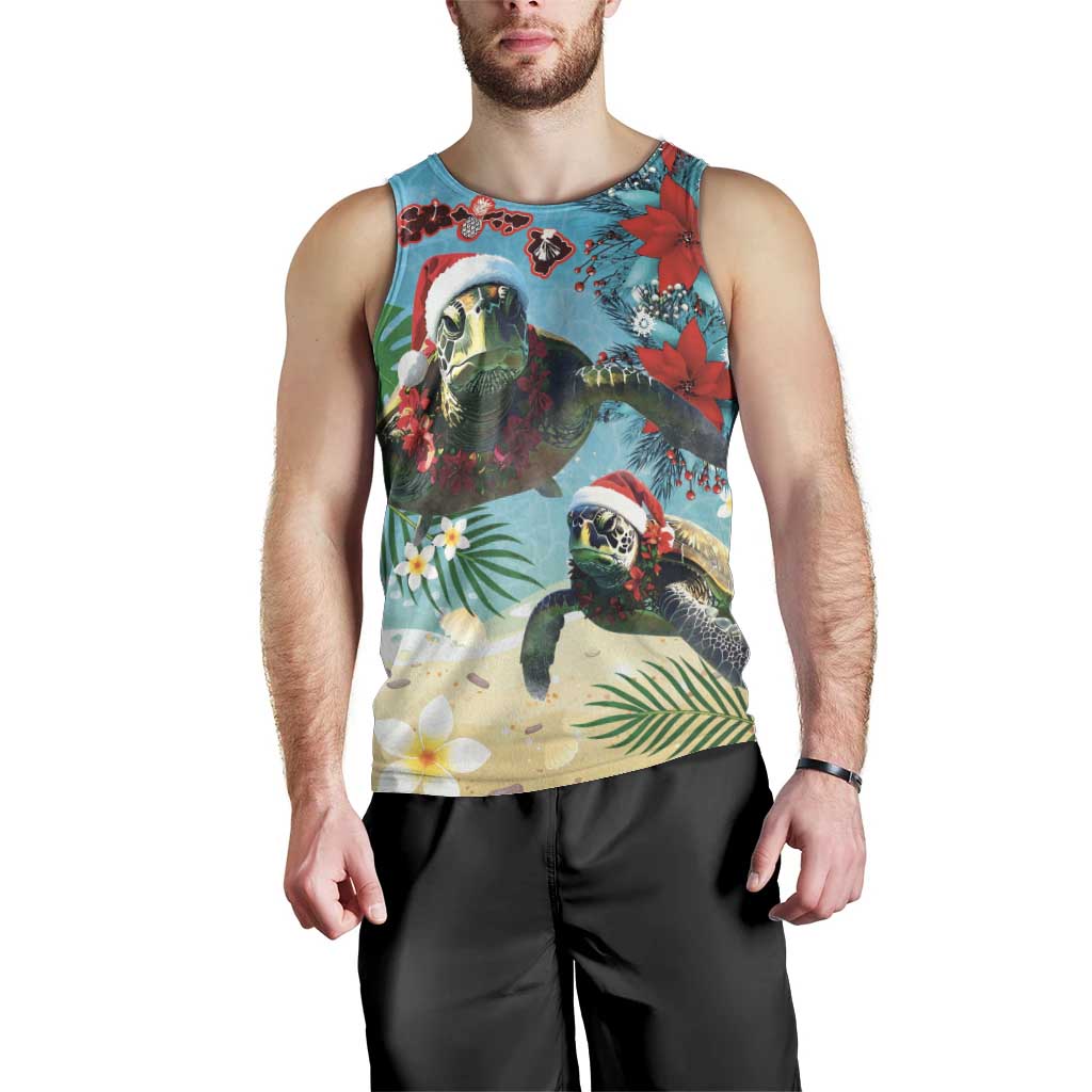 Hawaiian Mele Kalikimaka Men Tank Top Tropical Xmas Turtles Red Poinsettia Watercolor LT03 - Polynesian Pride
