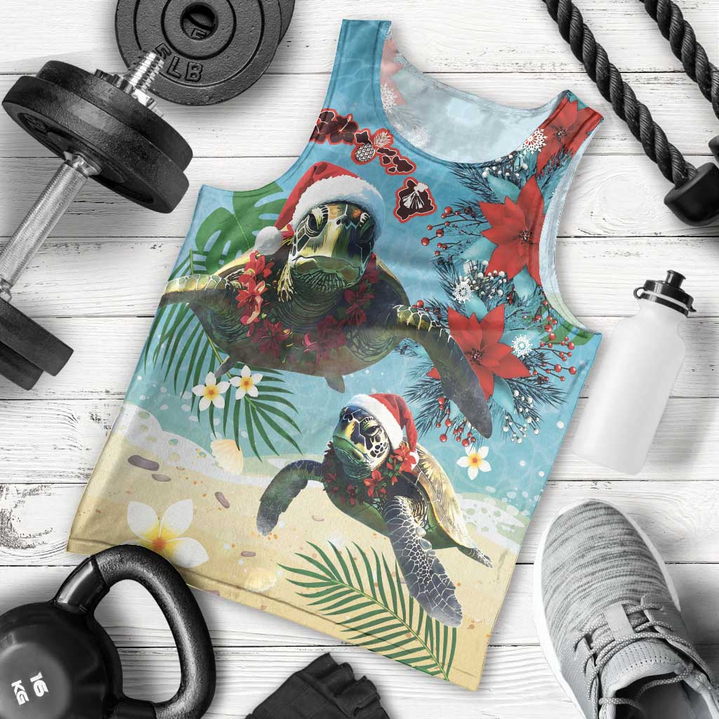 Hawaiian Mele Kalikimaka Men Tank Top Tropical Xmas Turtles Red Poinsettia Watercolor LT03 - Polynesian Pride