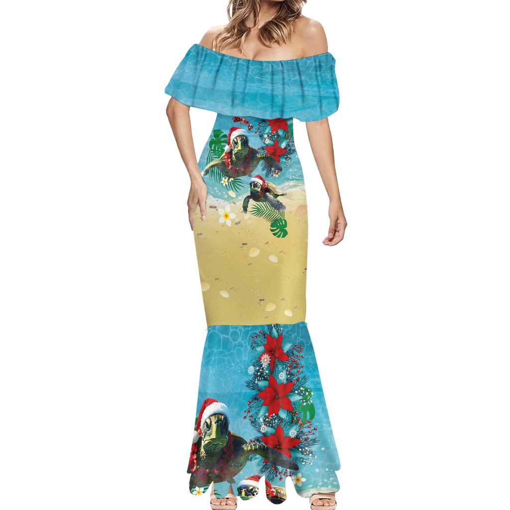 Hawaiian Mele Kalikimaka Mermaid Dress Tropical Xmas Turtles Red Poinsettia Watercolor LT03 - Polynesian Pride