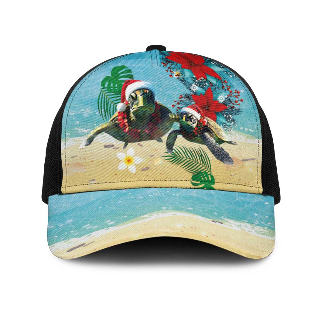 Hawaiian Mele Kalikimaka Mesh Trucker Cap Xmas Turtles and Tropical Plants with Red Poinsettia Watercolor Style LT03 One Size Black Multicolor - Polynesian Pride
