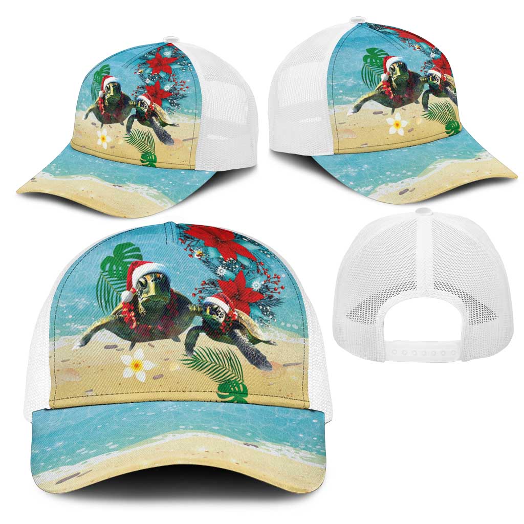 Hawaiian Mele Kalikimaka Mesh Trucker Cap Xmas Turtles and Tropical Plants with Red Poinsettia Watercolor Style LT03 - Polynesian Pride