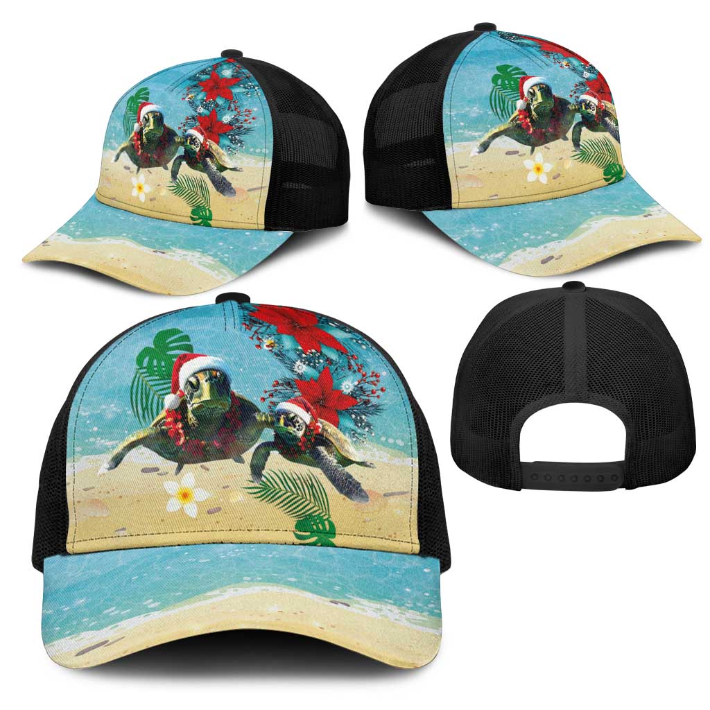 Hawaiian Mele Kalikimaka Mesh Trucker Cap Xmas Turtles and Tropical Plants with Red Poinsettia Watercolor Style LT03 - Polynesian Pride