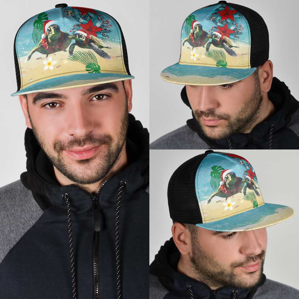 Hawaiian Mele Kalikimaka Mesh Trucker Cap Xmas Turtles and Tropical Plants with Red Poinsettia Watercolor Style LT03 - Polynesian Pride